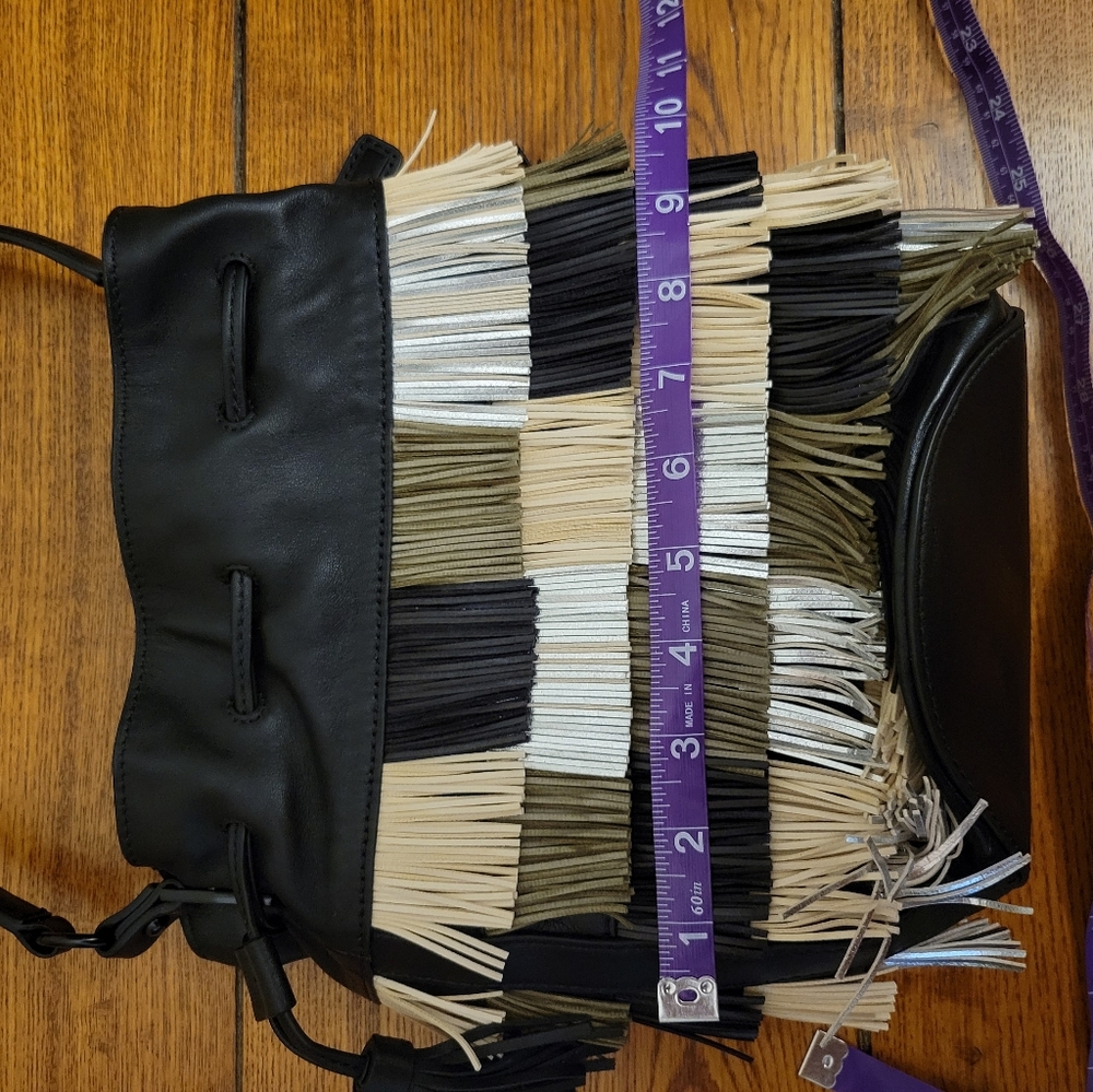 NWOT Loeffler Randall genuine leather fringe handbag purse. Black tan metallic - Picture 16 of 16